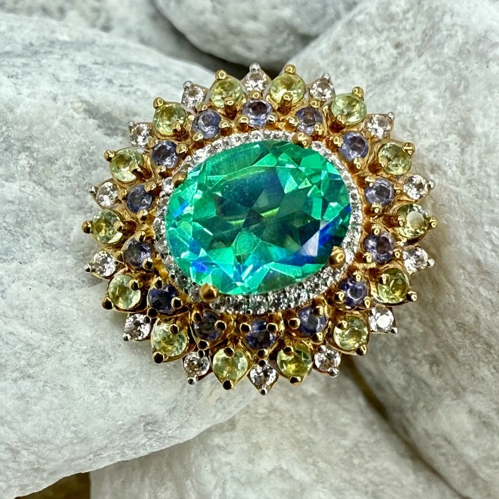 NWT Peacock Quartz Multi-Gem Dahlia Floral Ring Vermeil Gold over 925 4.15ctw